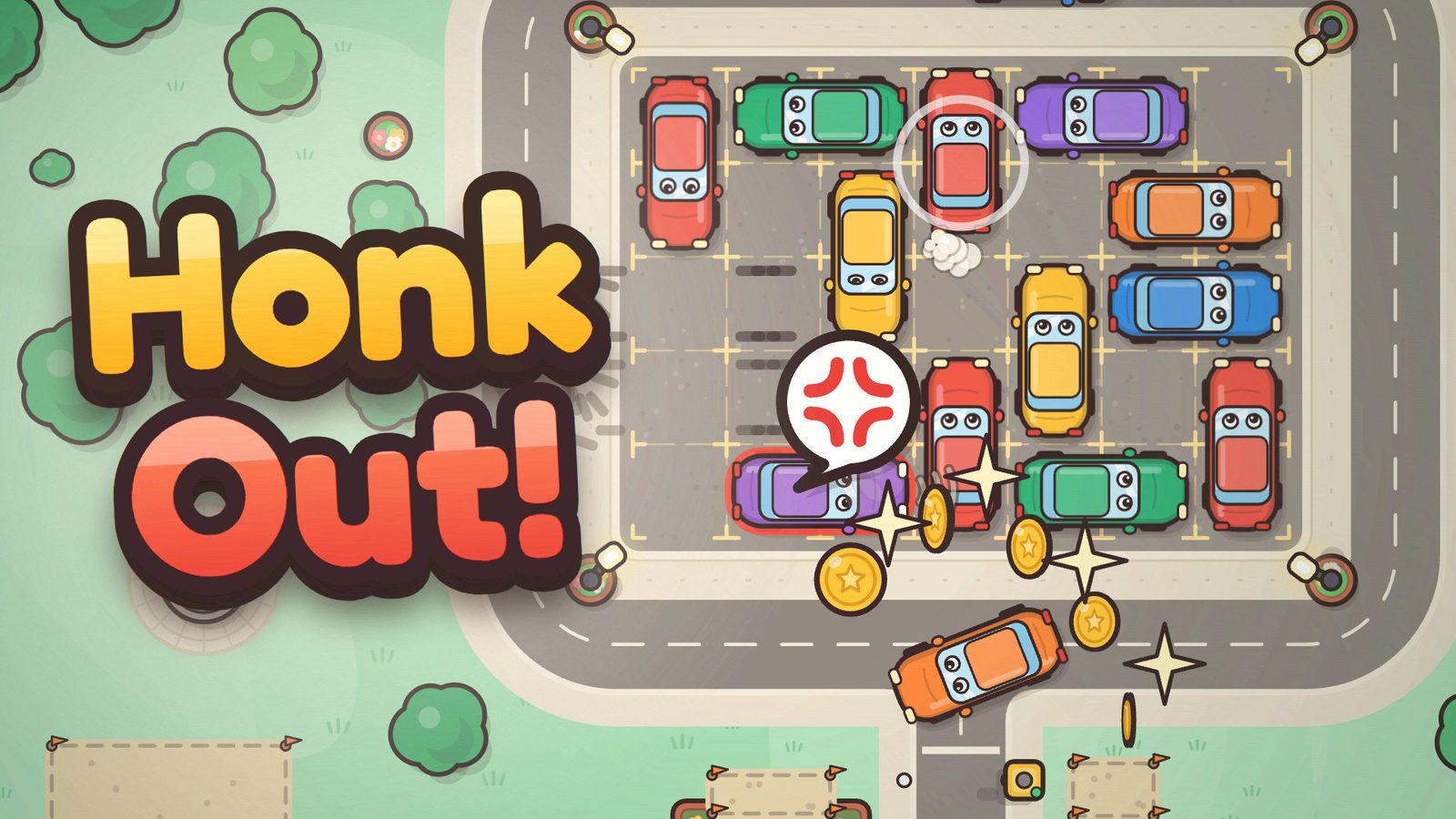 Honk Out! cover: cartoon cars jammed in a parking lot