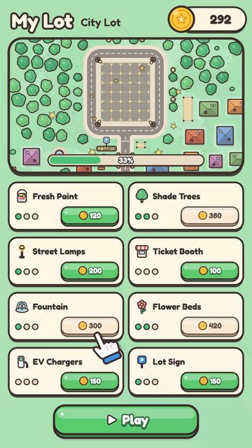 My Lot screen with eight upgrades bought with coins