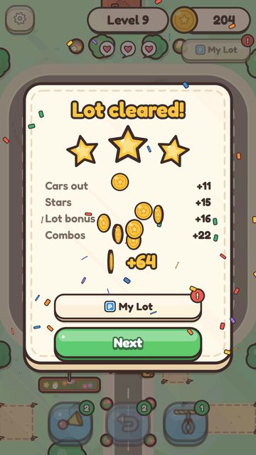 Lot cleared screen with three stars and coins